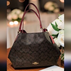 Coach Hallie Signature Brown and Red Shoulder Bag Style# F80298